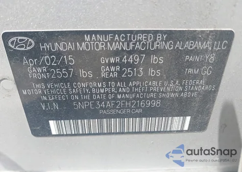 2015 Hyundai Sonata Sport z USA, uszkodzony, nr VIN 5NPE34AF2FH216998